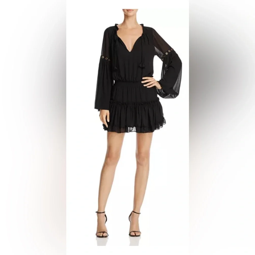 Misa Los Angeles Black Long Sleeve Smocked Ruffle Mini Dress w Gold Details Sz S - Picture 2 of 7